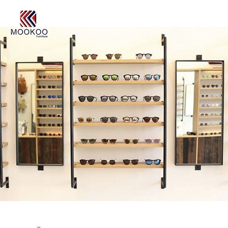 Metal And Wood Glasses Eyewear Shelf Display Design